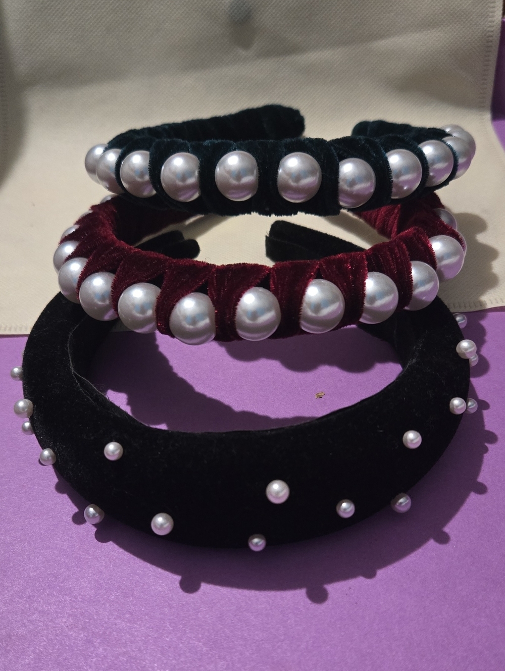 Pearl-Embellished Velvet Headband Set - Black & Burgundy